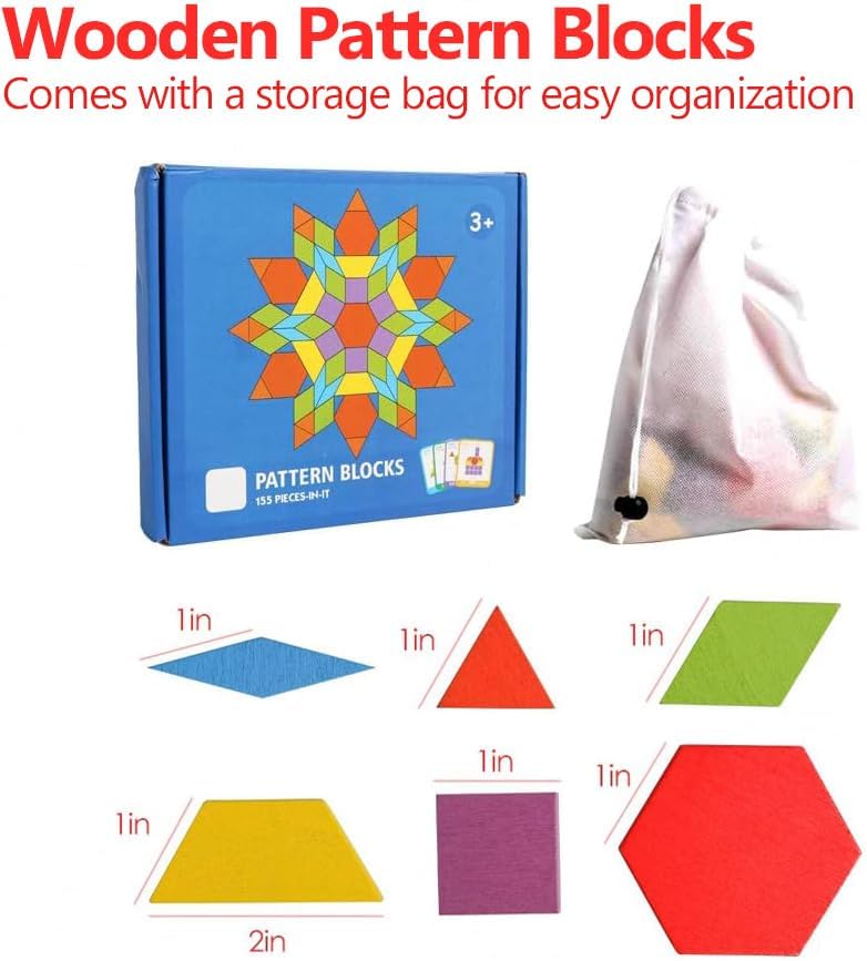 JCREN Wooden Pattern Blocks Montessori Toys Shape Puzzles Kindergarten Classic Educational Tangram Geometric Brain Teaser Toys Best STEM for Kids Ages 4-8 with 24 Pcs Cards (Pack of 2) - Image 2