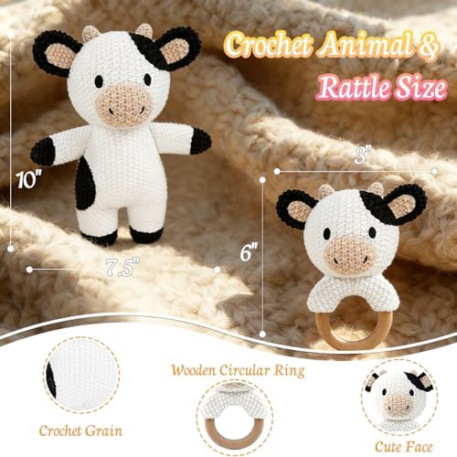 10" Handmade Crochet Cow Stuffed Animal, Baby-Safe Cotton Plush with Rattle, Hypoallergenic Toy for Newborns 0-12 Months, Ideal Baby Shower & 1st Birthday Gift - Image 2