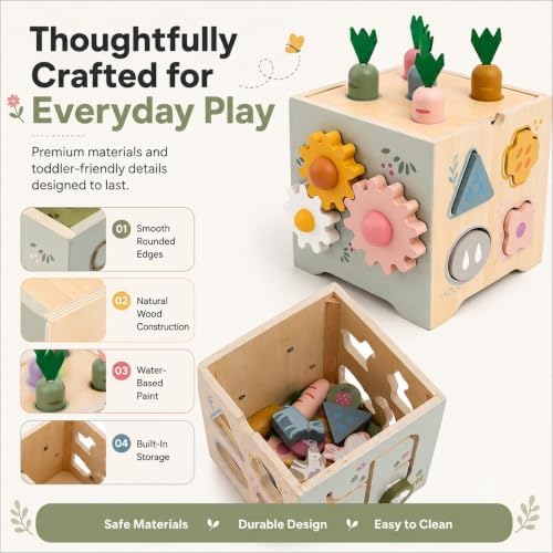 JSONS Montessori Toys for 1 Year Old, 8-in-1 Wooden Activity Cube, Learning Toy with Shape Sorter - Image 6