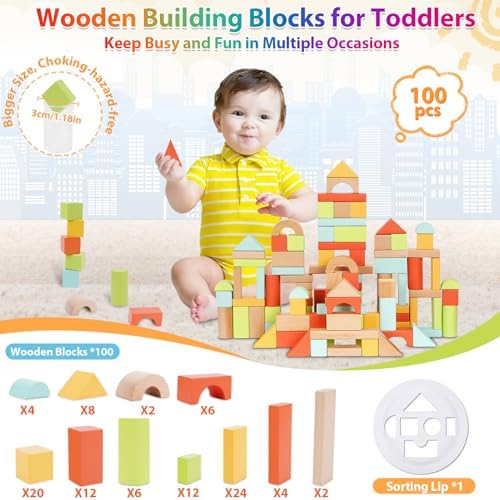 FCSONU Wooden Building Blocks for Toddlers 1-3, 100Pcs Kids Wood Blocks Set - Image 5