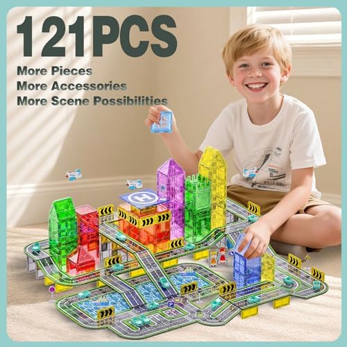 121PCS Magnetic Tiles Road Set with Pullback Cars. Magnet Tiles for Building Construction Toys with Ship, Airplane, Traffic Sign, STEM Magnetic Tiles for Kids Ages 4-8, Educational Gifts for Ages 3+ - Image 2