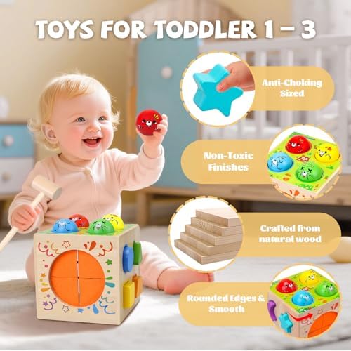 4-in-1 Montessori Toys for 1+ Year Old - Shape Sorting Activity Cube, Hammer Pounding Game, Baby Blocks & Sensory Toys for Toddlers 1-3, Wooden Toy Gift for 1 Year Old Boys and Girls - Image 3