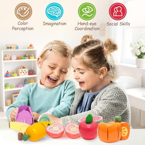 WHOHOLL 42 Pcs Play Food Set for Play Kitchen Accessories, Wooden Toys Pretend Cutting Food, Montessori Fruit and Veggies Christmas Birthday Gifts for Boys Girls 3-6 - Image 5