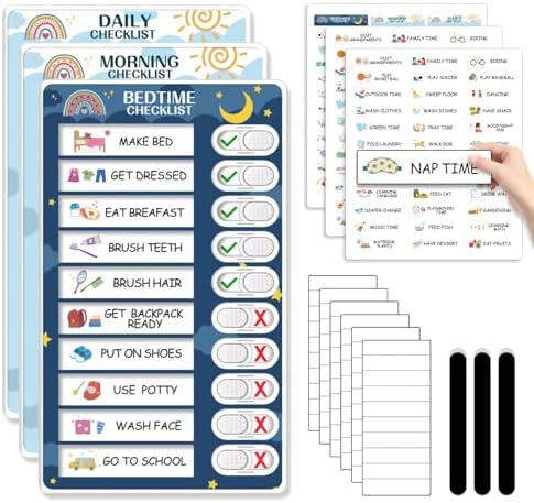 CustomMaster 3 in 1 Bedtime/Morning/Daily Routine Chart for Kids, Magnetic Chore Chart for Kids, Visual Schedule for Kids Toddlers for To Do List by CustomMaster