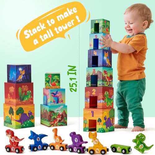 Atoylink Toddler Dinosaur Sorting and Stacking Toys with Magnetic Wooden Dinosaur Train Set, Baby Number Blocks Nesting Boxes Preschool Learning Montessori Toys for 3 Year Old Boys Girls Gift - Image 6