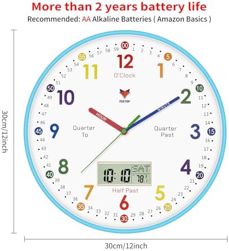 Foxtop Digital and Analog Learning Clock for Kids - Telling Time Teaching Clock 12 Inch Silent Non-Ticking Battery Operated Kids Wall Clock for Kids Room Playroom Nursery Classroom School (Blue) - Image 2