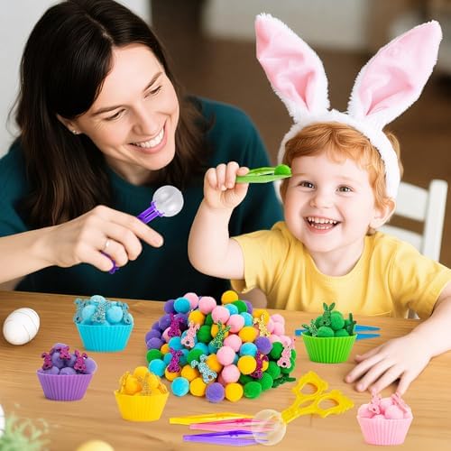 EZdhuawuse Summer Sensory Bin Fillers - 268P Summer Bunny Fine Motor Toys Rabbit Counting Sorting for Kids, Counting Toy with Shiny Bunny Pom Poms Cup Clip for Preschool Education Activities - Image 4