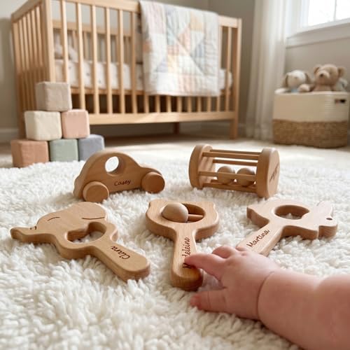 Personalized 5 Pieces Wooden Baby Toys 0-6 Months, Customized Teething Toys Baby Rattles 0-6 Months, Wood Teething Toys Gifts for Baby, Customizable Montessori Wooden Toys for Babies 5 Pieces - Image 4