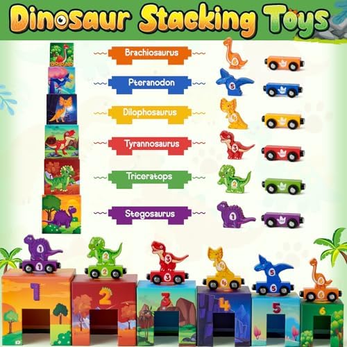 Atoylink Toddler Dinosaur Sorting and Stacking Toys with Magnetic Wooden Dinosaur Train Set, Baby Number Blocks Nesting Boxes Preschool Learning Montessori Toys for 3 Year Old Boys Girls Gift - Image 2