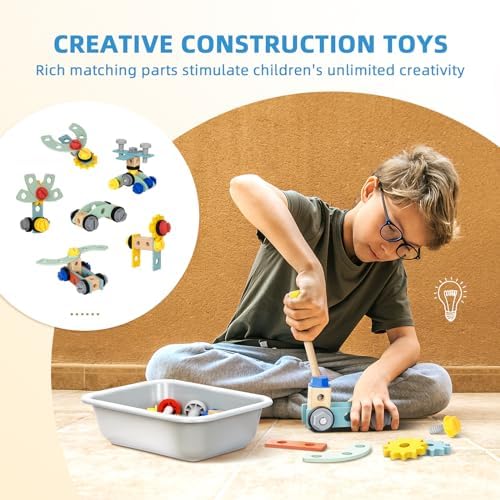 OOOK Kids Tool Bench，Wooden Toddler Workbench with Tools Set，Large Storage Wooden Tool Workbench for Kids Age 3-5，Pretend Play Construction Set Gift for Boys Girls - Image 7