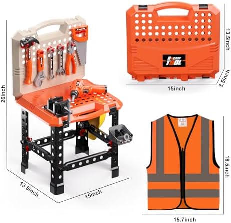 Kids Tool Bench with Power Drill, Realistic Tools, Construction Vest - Image 2