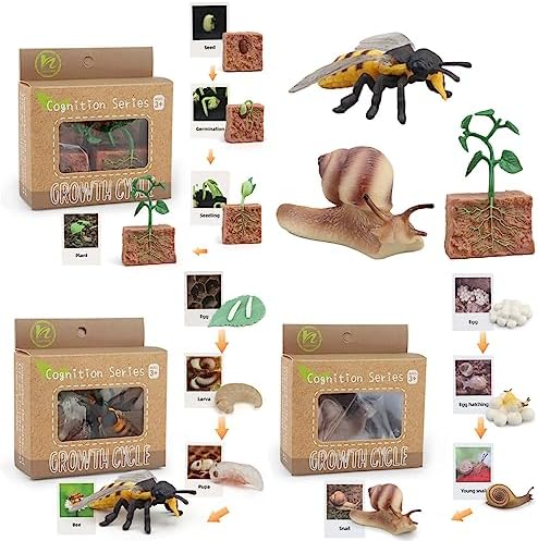 Montessori Life Cycle Animal Figures with Flash Cards, Realistic Animal Figurines Toy, and Educational Matching Game for Kids (Plant, Bee, and Snail) by BOTICAKO