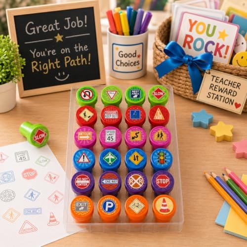 Cinrobiye 24 Pcs Traffic Sign Stampers Party Favor Set, Cute Road Safety Stamps for Kids Birthday Party, Classroom Rewards, Learning Activities, Goody Bag Fillers, Educational Party Supplies - Image 3