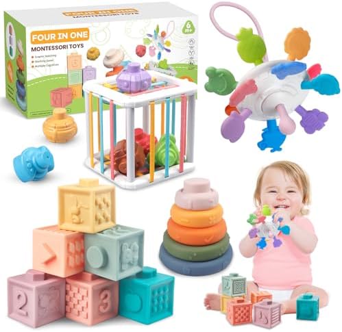 4-in-1 Montessori Sensory Baby Blocks 18M+ , Stacking Ring, Pull String by Plunack
