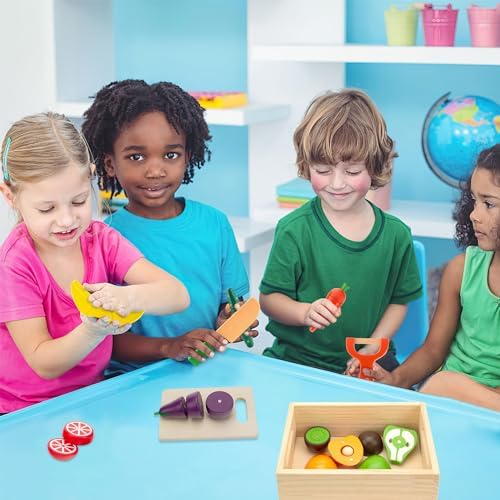 Wooden Play Food for Kids Kitchen, Fruit & Veggies Cutting Set for Toddlers - Image 2