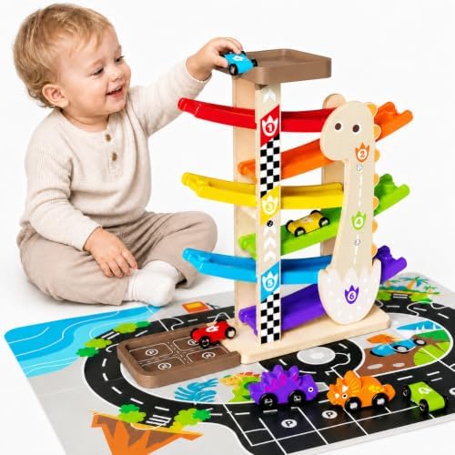 6-Level Wooden Car Ramp Toy with Road Puzzle and 6 Cars, Ages 18M+ by Paisure