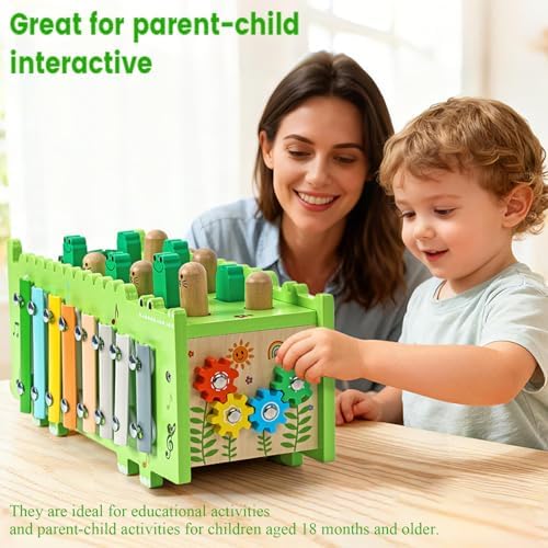 Wooden Activity Cube Montessori Toys for 1.5+ Year Old Boys Girls | Hammering Pounding Toys with Abacus, Educational Activities Toys with Xylophone (Crocodile) - Image 4