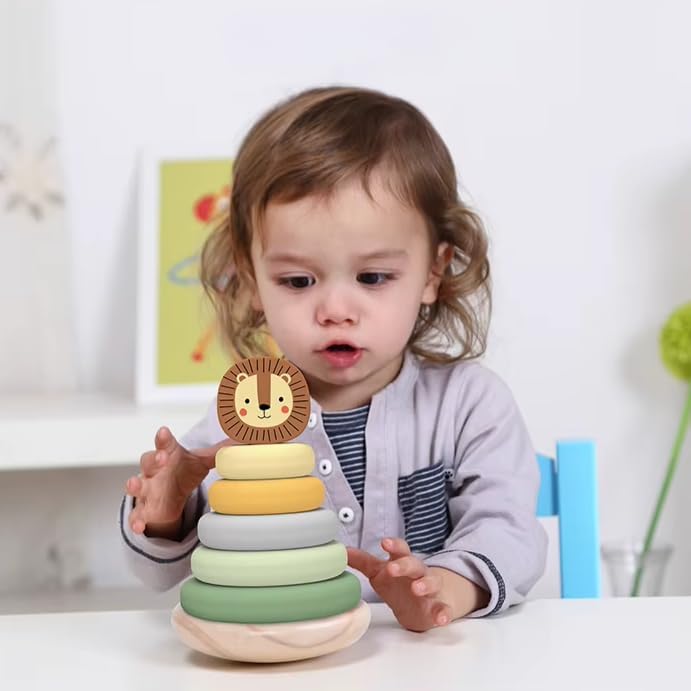 Wooden Ring Stacker Toy for 1 Year Old - Montessori Toys for 1 Year Old Boy and Girl, Stacking Rings with Lion Topper, Baby Toy 12-18 Months, Fine Motor Skills, 1st Birthday Gift - Image 3