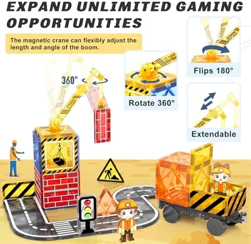 Kids Games Magnetic Tiles Road Set with Extendable Crane Magnetic Blocks - Image 2