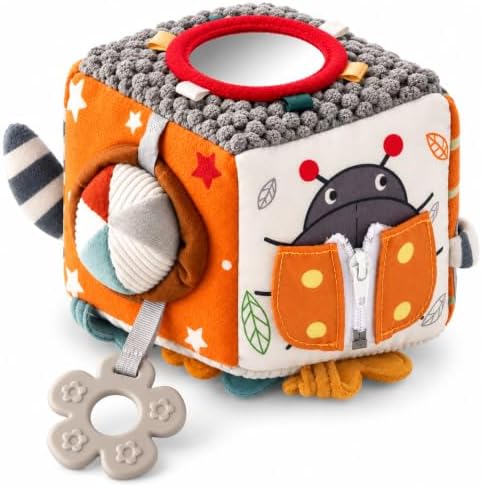 Baby Activity Cube Toy 8-in-1 for Babies 6-12 Months | Montessori Sensory Cube with Mirror, Teether, Crinkle Textures & Fine Motor Activities | Soft Busy Cube Toy for Toddler by AutumnBlissCo