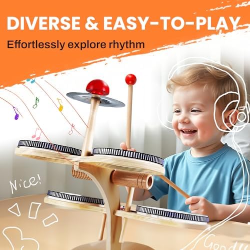 iPlay, iLearn Toddler Wooden Drum Set, Kids Musical Instruments Toy, 8 in 1 Percussion Drum Kit W/Xylophone Cymbal, Baby Montessori Learning Birthday Gifts for 18 Month, 2 3 4 5 6 Year Old Boy Girl - Image 4