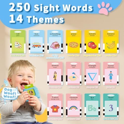 Aullsaty Toddler Toys Bilingual English and Spanish Talking Flash Cards for 1 2 3 4 5 6 Year Old Boys and Girls, Autism Sensory Toys for Autistic Children, Learning Educational Speech 250 Sight Words - Image 3