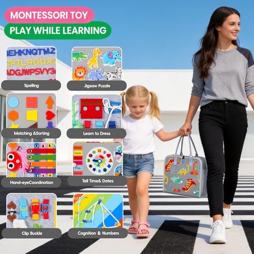 Montessori Busy Board for Toddlers – Sensory Busy Book with Buckles, Zippers, Letters, Animals, Toddler Activities – Fine Motor Skills Development Learning for Boys Girls Travel Activity - Image 4