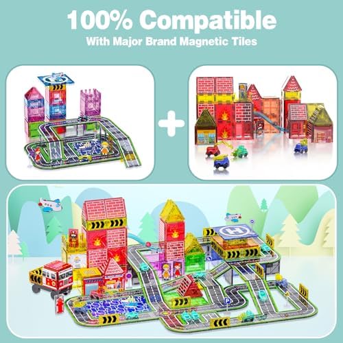 121PCS Magnetic Tiles Road Set with Pullback Cars. Magnet Tiles for Building Construction Toys with Ship, Airplane, Traffic Sign, STEM Magnetic Tiles for Kids Ages 4-8, Educational Gifts for Ages 3+ - Image 3