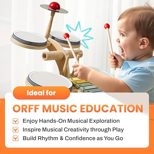 iPlay, iLearn Toddler Wooden Drum Set, Kids Musical Instruments Toy, 8 in 1 Percussion Drum Kit W/Xylophone Cymbal, Baby Montessori Learning Birthday Gifts for 18 Month, 2 3 4 5 6 Year Old Boy Girl - Image 2