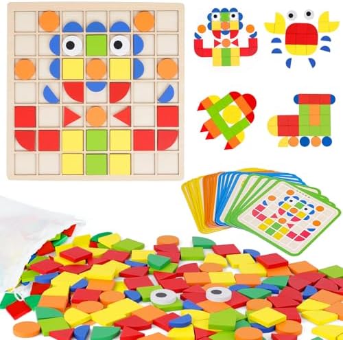 Wooden Pattern Blocks with Grid Board 142PCS Wood Mosaic Tiles Montessori Shape Puzzle Tangrams for Kids with Storage Bag Preschool Educational Toys for Boys Girls Ages 3+ by Biottro