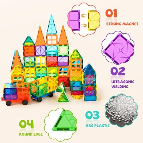 cossy 120Pcs Magnetic Tiles Magnetic 3D Building Blocks Set, Construction Toys for 3 4 5 6 7 8 Year Old Boy and Girl with Stronger Magnets, Educational Toys, Recreational, Conventional - Image 4