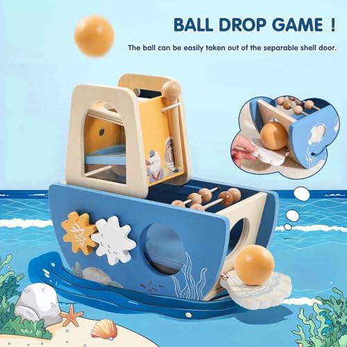 5-in-1 Baby Wooden Activity Cube, Sea Ocean Montessori Toddler Toys for 1+ Year Old Boys Girls Gifts, Educational Learning Boat Toys for 1st Birthday Gifts for Kids - Image 3