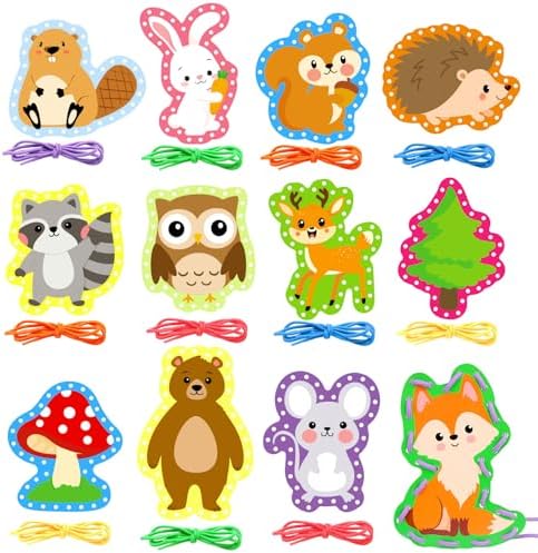 Omlisca Woodland Animals Lacing Cards for Kids 12 Pack Forest Animals Sewing Cards Owl Fox Bear Woodland Theme Party Decor Arts and Crafts Gifts for Toddler Preschool Developing Imagination Supplies by Omlisca