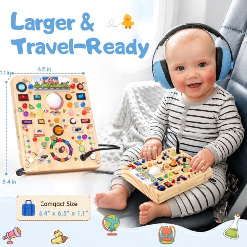 Busy Board with 19 LED Light Switches, Montessori Toys for 1 2 3 Years Old, Wooden Sensory Board, Toddlers Activity Travel Toys for 1 2 3 Year Old Boy & Girl Birthday Gift (Big School) - Image 6