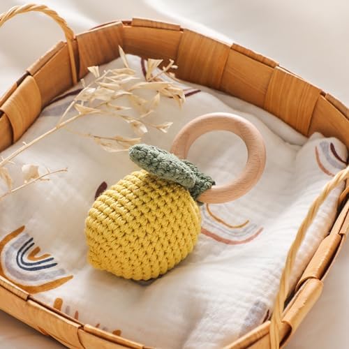 WOODEN TEETHER Crochet Baby Rattle, Crochet Baby Toys, Organic Wooden Newborn Toys, Newborn Animal Rattle Toys，Knitted Stuffed Animals Gifts for Baby, Lemon - Image 7