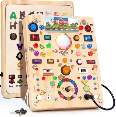 Busy Board with LED Light Switches, Montessori Toys for 1 2 3 Years Old, Toddlers Wooden Toy Sensory Activity Board, Travel Toys for 1+ Year Old Boy & Girl Birthday Gift (School 19 Switches) by HarVowforToddlerToys
