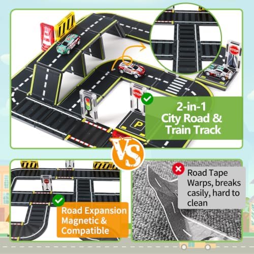 Magnetic Tiles Road Set, 45Pcs Large Double Sided Magnetic Blocks with Pullback Cars & Traffic Signs, STEM Toys for Kids Ages 4-8, Creative Gifts for 3+ Years Old Boys Girls - Image 4