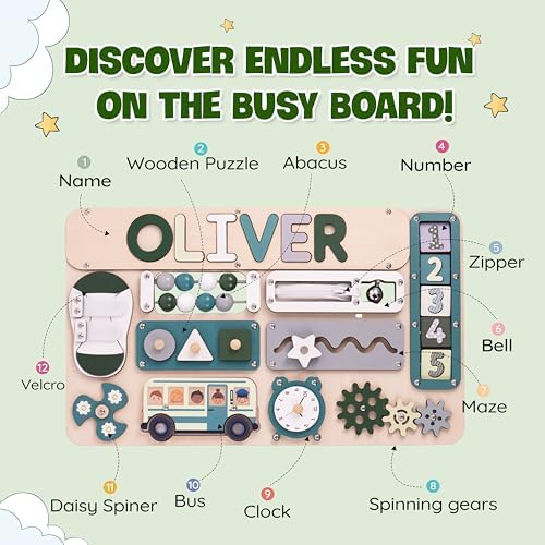 KALOTOYS Busy Board Bear for Toddlers Wooden Montessori Toys, Wooden Controller Sensory Toy for Autistic Children & ADHD Sensory Board for Education & Learning Green - Image 3