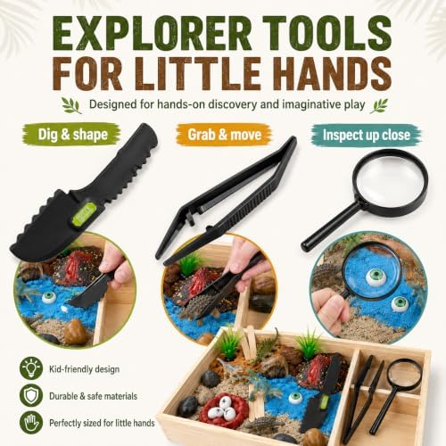 Putty Explorers Dinosaur Sensory Bin Kit for Kids Ages 4-8, Wooden Play & Storage Box with 3 Colors of Sensory Sand, Dino Figures, Eggs, Volcano & Explorer Tools, STEM Imaginative Play - Image 5