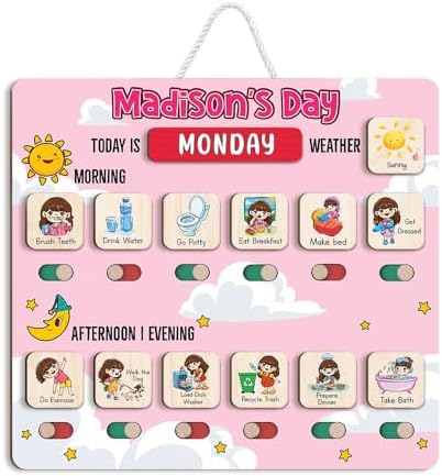 Personalized Wooden Chore Chart for Kids, Daily Routine Chart for Toddlers, Visual Schedule for Kids Age 3-5, Morning Bedtime Routine for Girls (03) by LilaLand