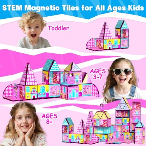 Magnetic Tiles 52PCS Magnetic Building Blocks for Kids Ages 3-5 4-8, STEM Montessori Preschool Classroom Must Haves, Toddler Sensory Educational Toys for Boys Girls, Christmas Birthday Gift(Pink) - Image 5