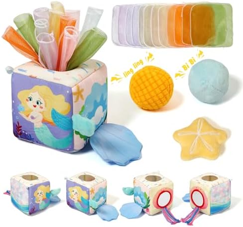 Youuys Baby Tissue Box Toy for Babies 6-12 Months - Montessori Sensory Busy Cube Toys with 3 Textured Balls & 12 Silky Scarves - Ideal Gift for Toddler Girls Ages 6 12 18 Months (Mermaid Theme) by YOUUYS