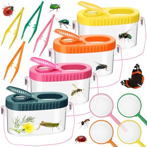 Halloscume 4 Sets Bug Collection Kit for Kids, Explorer Outdoor Kit with Bug Containers for Insects, Magnifying Glass, Tweezers, Nature Exploration Gift Toy for Girls Boys(4 Colors) by Halloscume