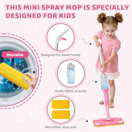 30in Kids Spray Mop, Toddler Cleaning Toy Mop, Magenta - Image 3