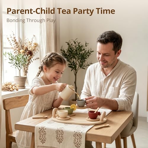 Youuys Wooden Tea Party Set for Toddler 3-5,Kids Tea Sets for Little Girls 4-6, 14pcs Silicone Kitchen Accessories, Pretend Play Montessori Toys with Tray for 3 4 5 6 Year Old Birthday - Image 5