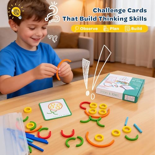 Montessori Smart Sticks Learning Set with Rings and Challenge Cards, 120PCS Creative Building Kit, STEM Toys for 3 4 5 Year Old Kids, Preschool Montessori Learning Activities - Image 3
