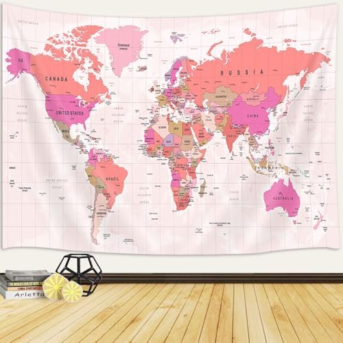 World Map Tapestry for Kids Student, World Map with Countries and Major Cities Tapestries Educational Asia Europe South City Topography America Africa Japan Wall Tapestry 48X36 Inch(Pink) - Image 2