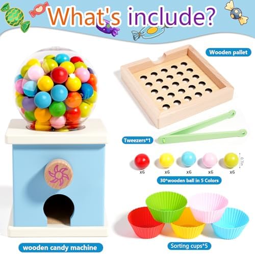 9.6" Wooden Gumball Machine For Kids Learning Color Sorting & Counting Toy - Image 3
