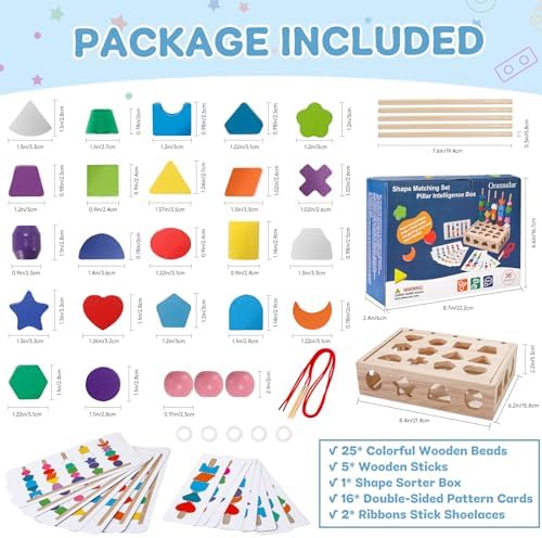 3 in 1 Montessori Wooden Beads Sequencing Toy Set Color Sorting Stacking Geometric Shape Matching Game Beads Sequencing Toy Lacing Beads Stem Fine Motor Skills for Toddlers - Image 5