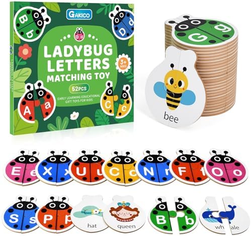 Ladybug Self Correcting Alphabet Puzzle: Letter Matching Games for Toddlers 3-5, 52pcs Double-Sided Montessori ABC Puzzles Cards Preschool Learning Activities Educational Toy Gift for Kids by GAKICO